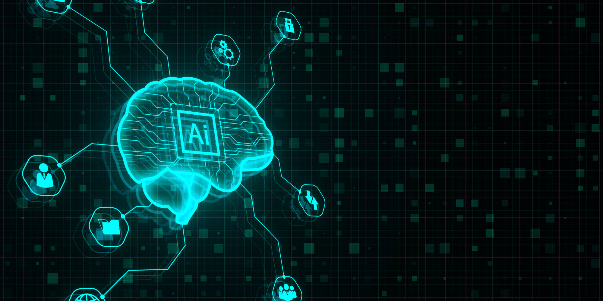 Glowing blue digital brain hologram dark grid backdrop AI machine learning concept 3d rendering